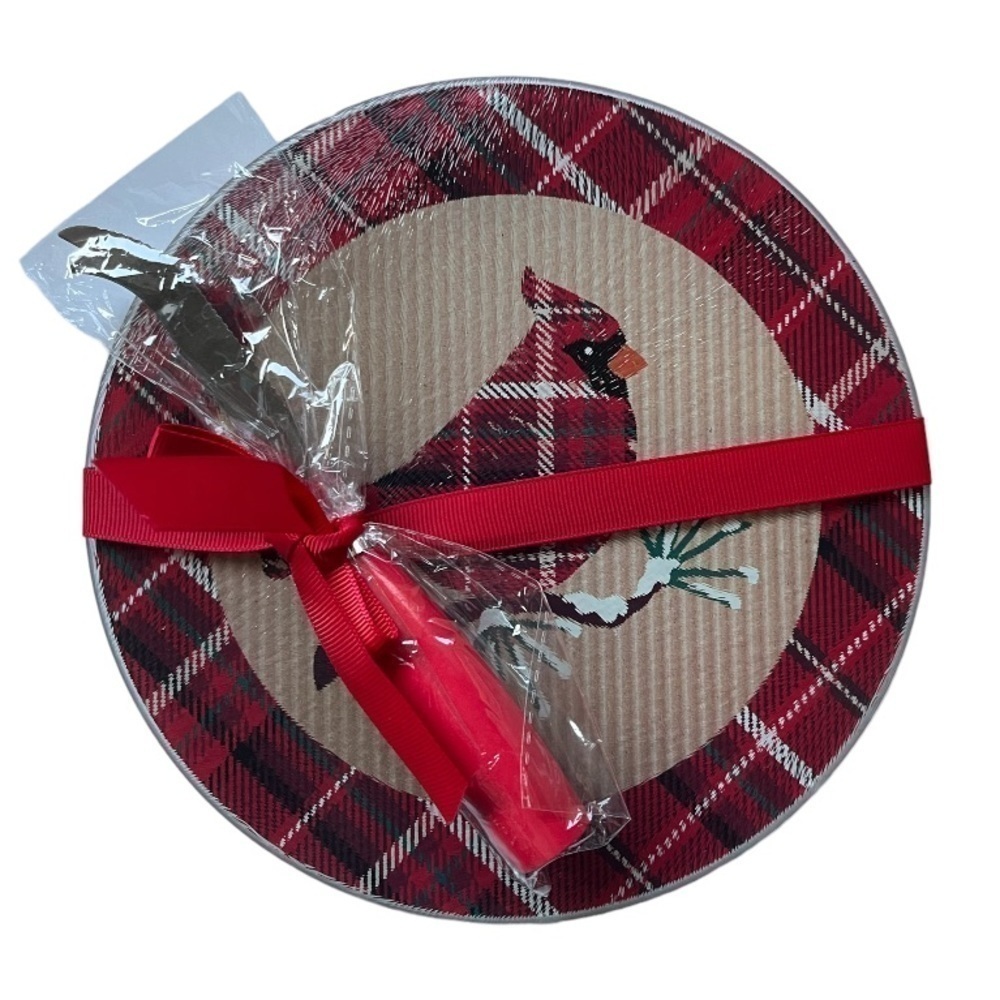 🎄 Plaid Cardinal Cheese Plate & Spreader Set – Holiday Serving Board